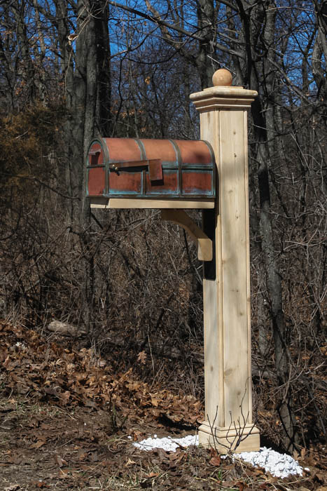 Cedar post sleeve with copper mailbox